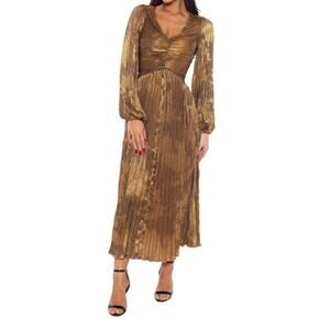 Marina Bronze Long Sleeve Pleated Dress
